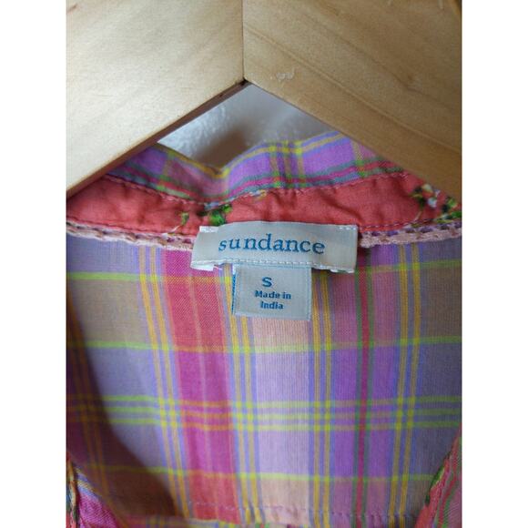 Sundance Purple Pink Plaid Button Shirt Floral Cuffs Cotton Small Preppy Boho - Picture 2 of 7